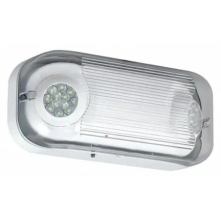White rectangular plastic emergency light with two adjustable LED heads 13 1/4 inches wide