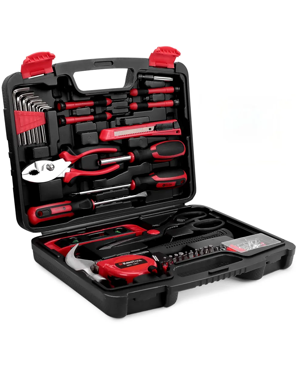 Blue plastic toolbox with steel hand tools and 149-piece fastener assortment inside