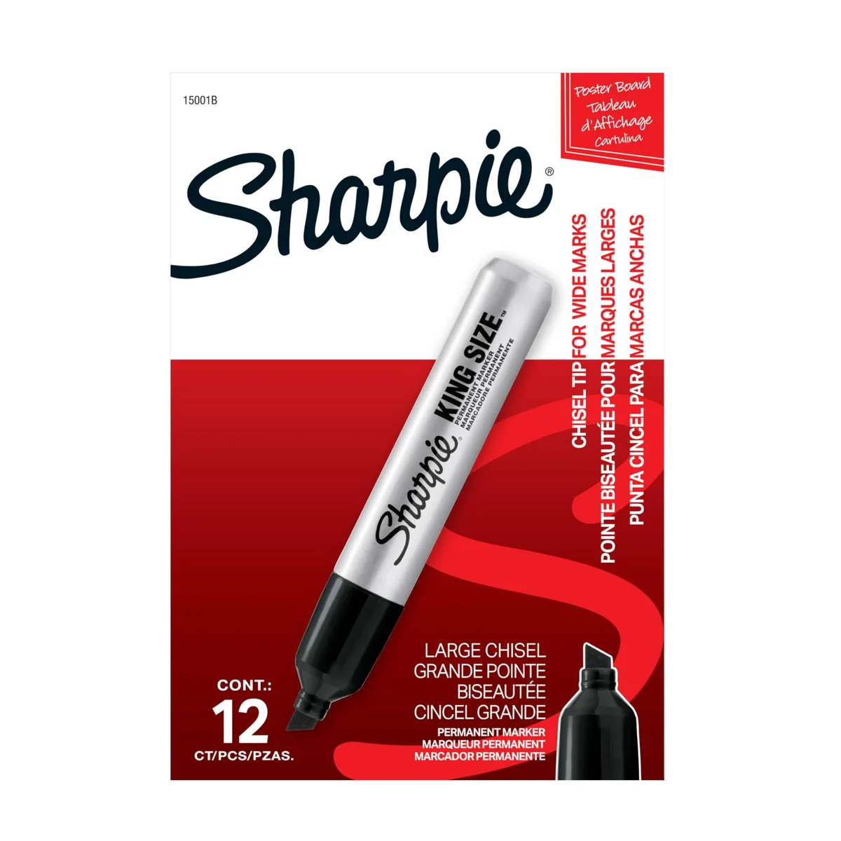 Twelve black king-size permanent markers with chisel tips in a pack