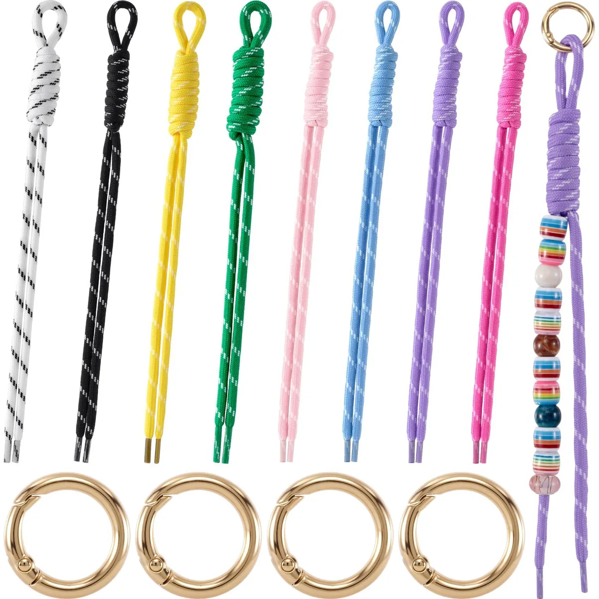 Twelve braided polyester keychains in assorted colours with four split rings