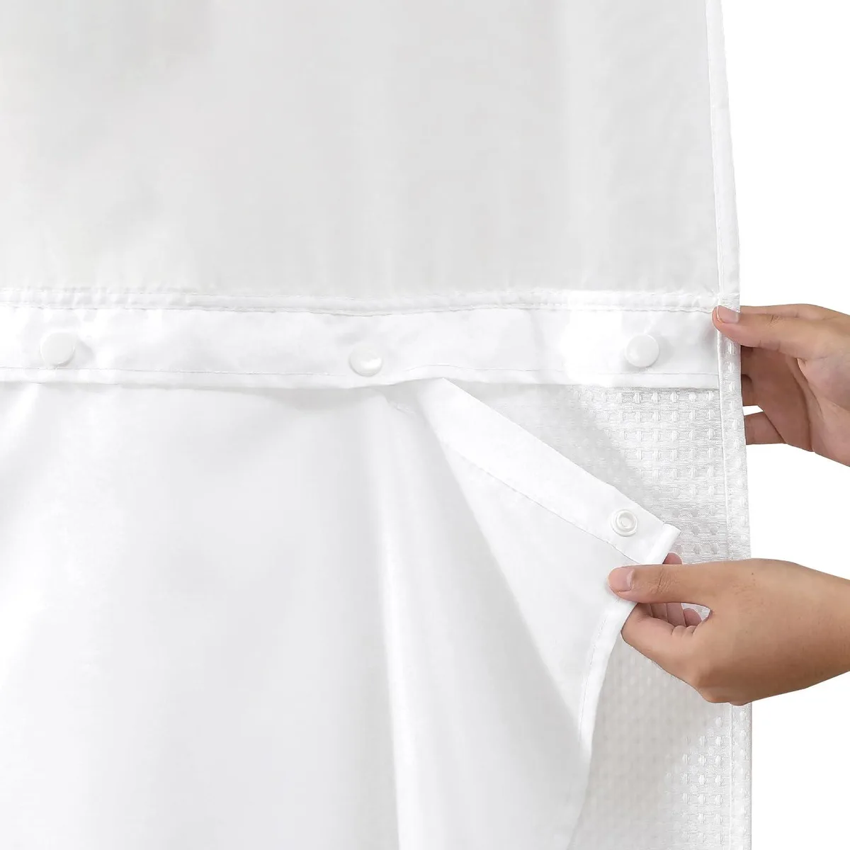 White polyester shower curtain liner with snap-in top and corner magnets, 70 by 54 inches