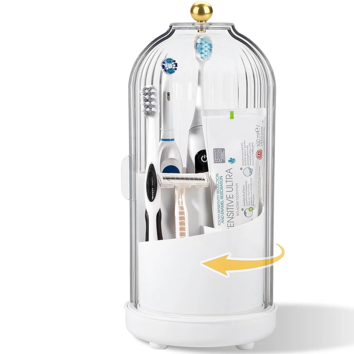 White rotating bathroom organiser with sliding lid, 5.2 in x 5.1 in x 11.5 in