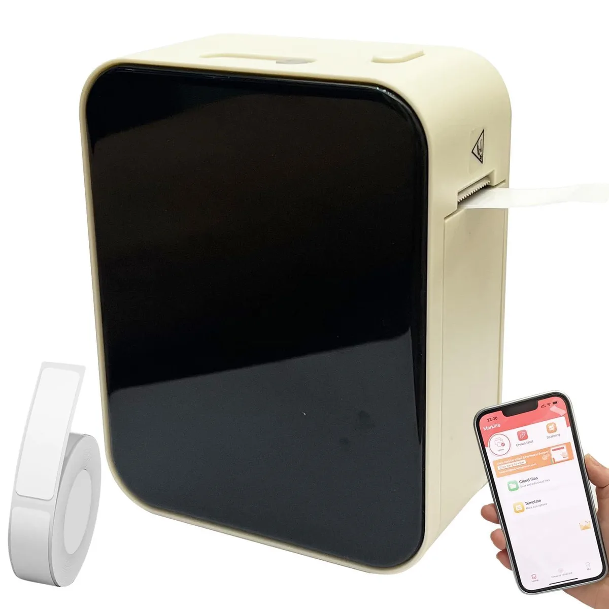 Compact white label printer, 2.9 by 1.6 by 3.7 inches