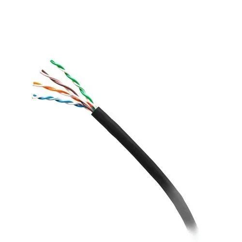 Black Cat6a bulk ethernet cable on wooden spool, 1000ft length, riser CMR-rated jacket