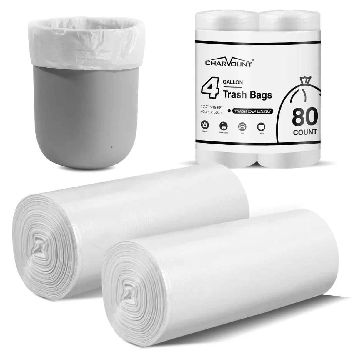 Clear plastic trash bags in a rectangular pack, 80 count, 4 gallon capacity