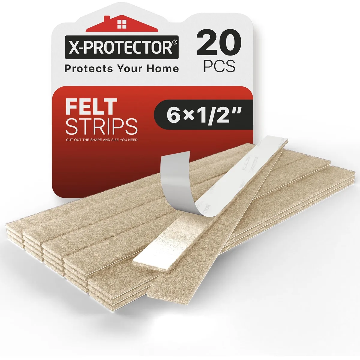 Beige rectangular felt adhesive strips in a pack of 20