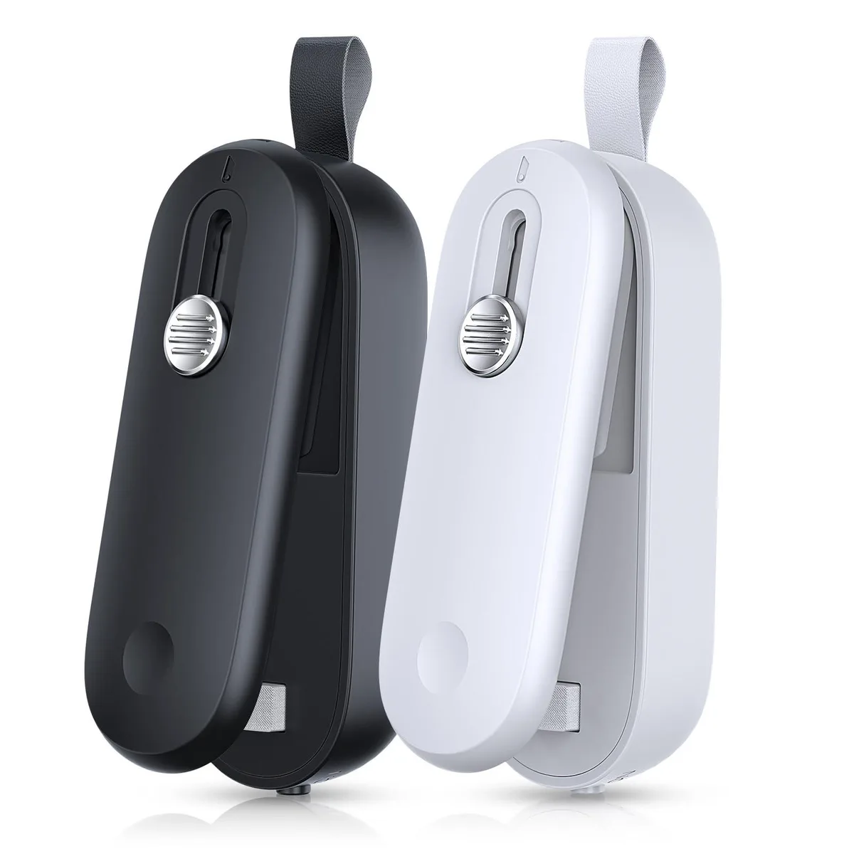 Two compact black and white handheld bag sealers with lanyards