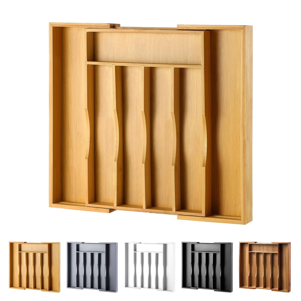 Natural bamboo expandable cutlery tray with adjustable width compartments