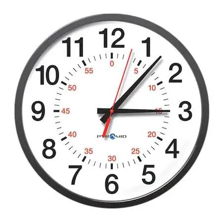 Black round analog wall clock with white face and seconds hand, 13-1/4 inch diameter plastic case, wireless synchronized