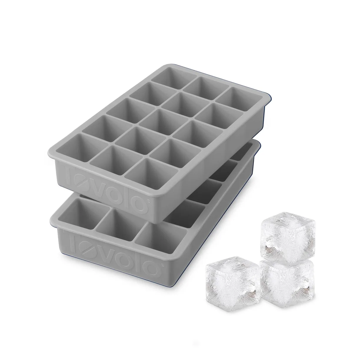 Two flexible silicone ice cube trays in oyster gray, each forming fifteen 1.25 inch cubes