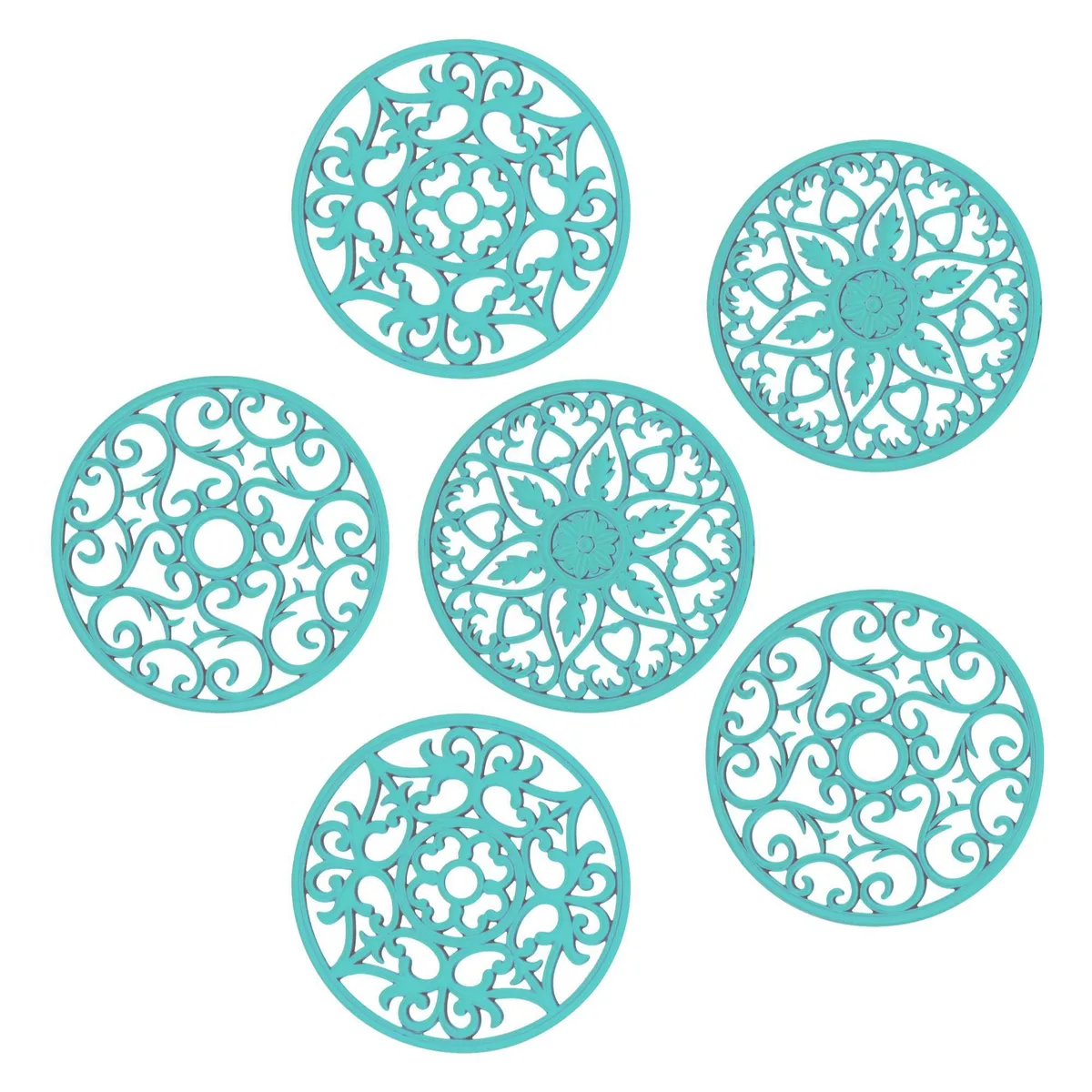 Six teal silicone trivets with carved pattern, 7.87 inch square, .2 inch thick