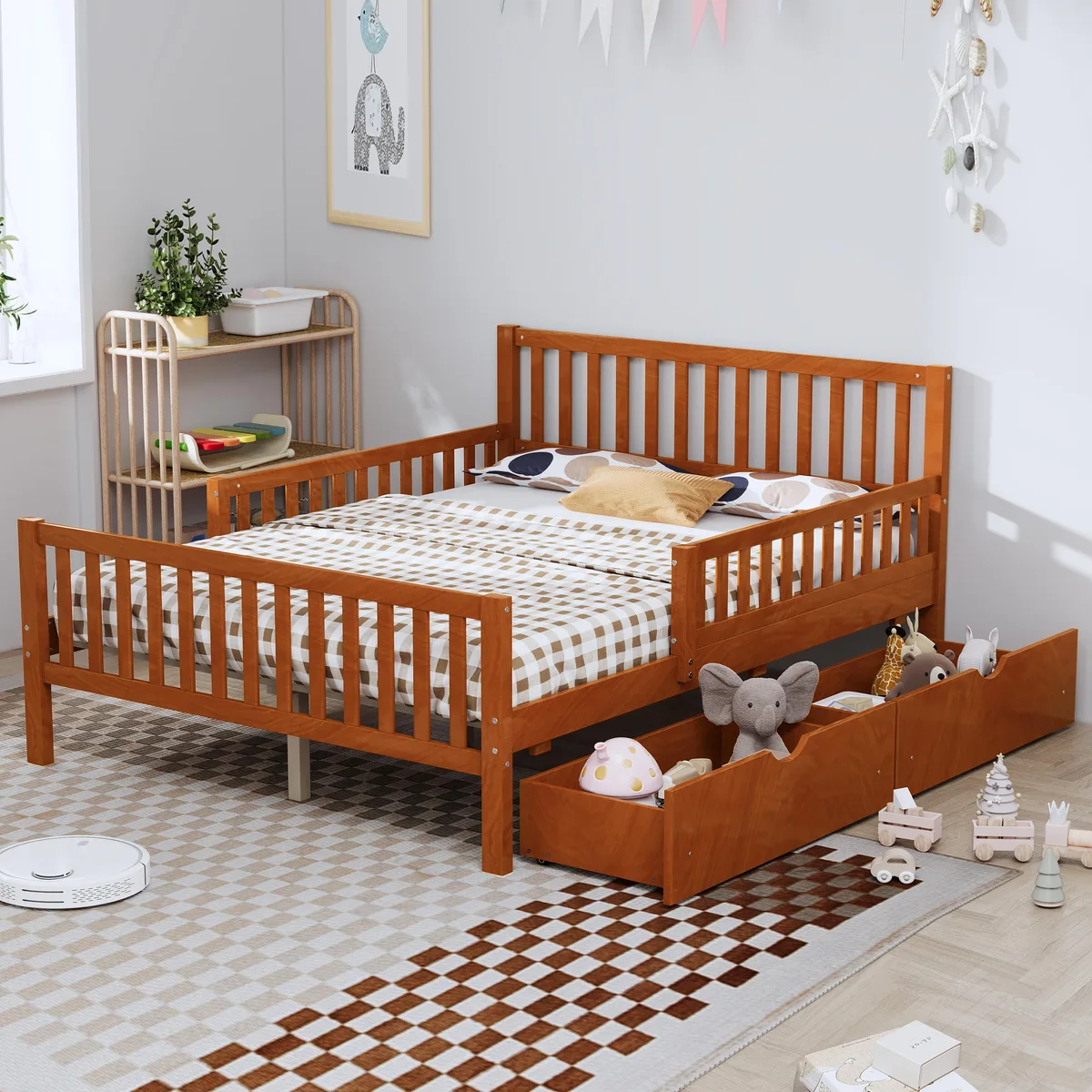 Full-size walnut wood platform bed with side guardrails and two storage drawers