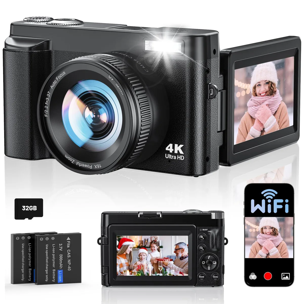  ToAuite DC101 64MP 4K 30FPS 3.0" flip WiFi vlogging camera — product photo