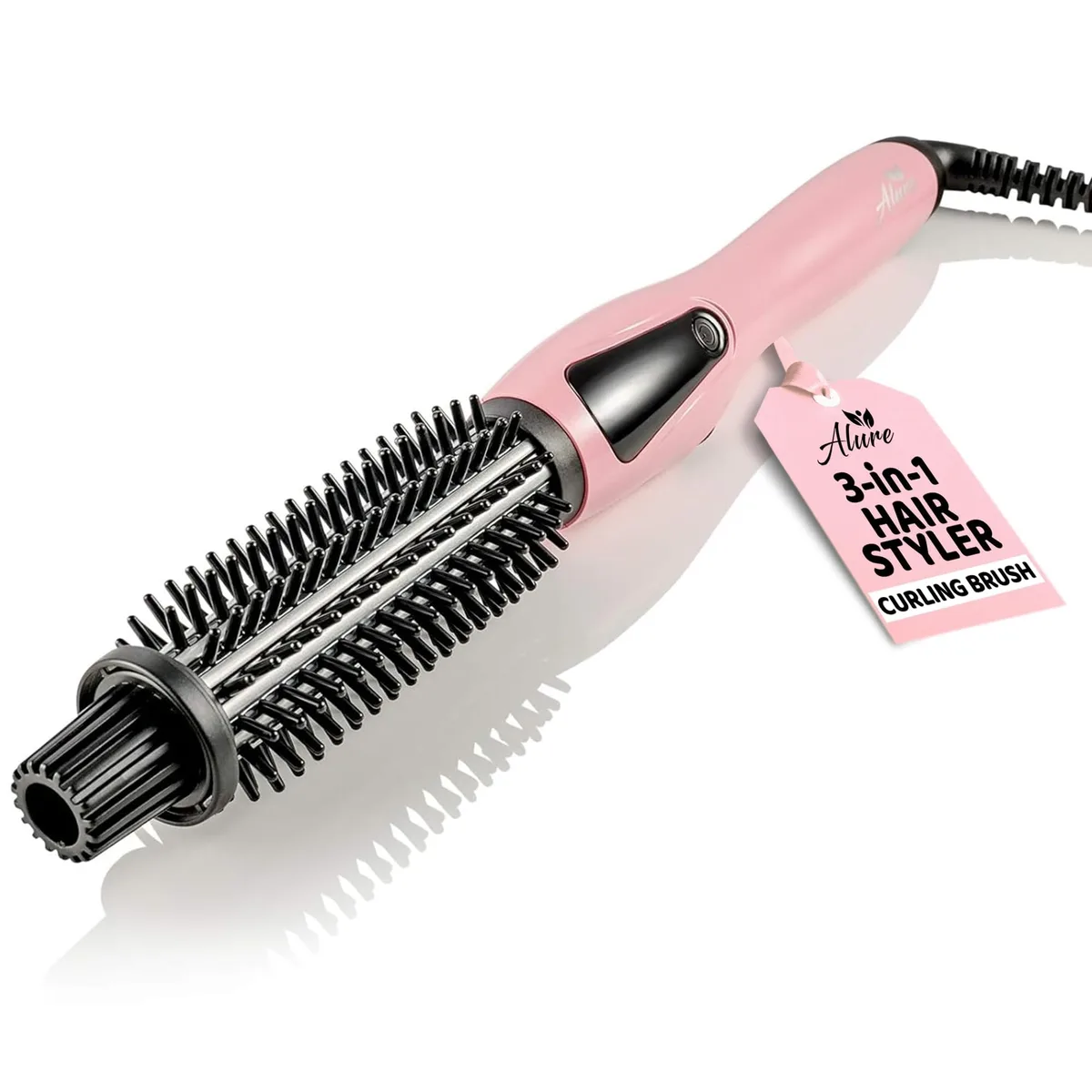 White cylindrical heated styling brush with black anti-scald bristles and cool-touch handle