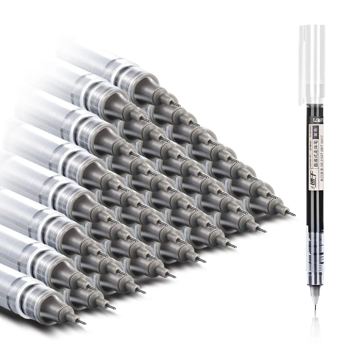 Clear plastic rollerball pens with fine 0.5 mm tips, black ink, 36 pack