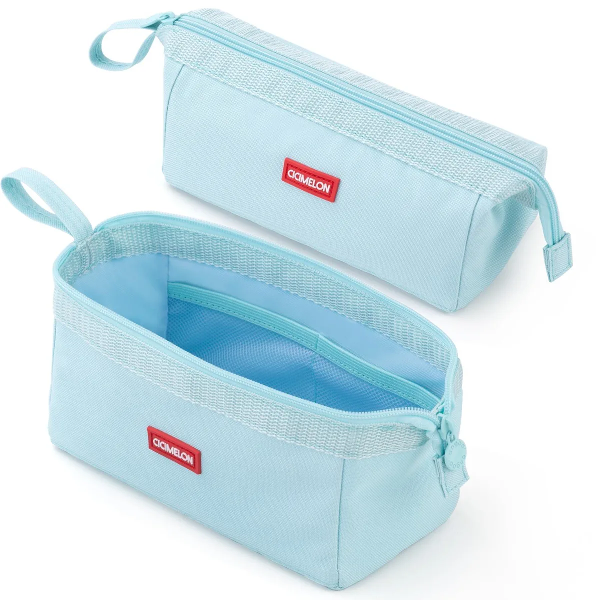 Light blue polyester pencil case, rectangular with top handle and zip closure