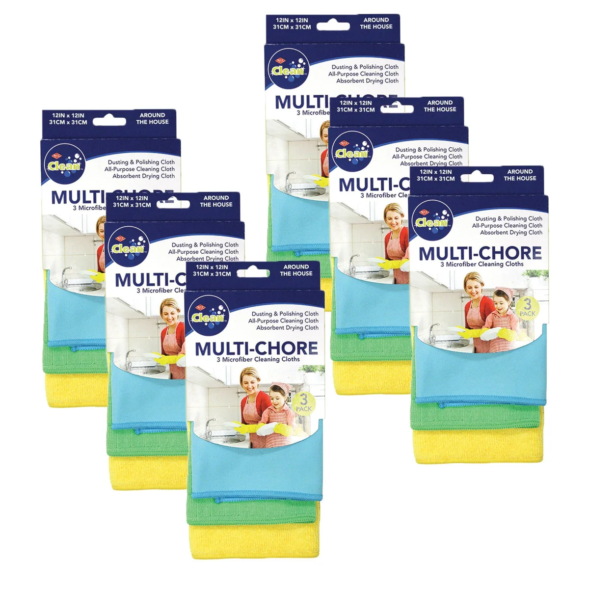 Stack of 18 blue microfiber cloths, each 12 by 12 inches