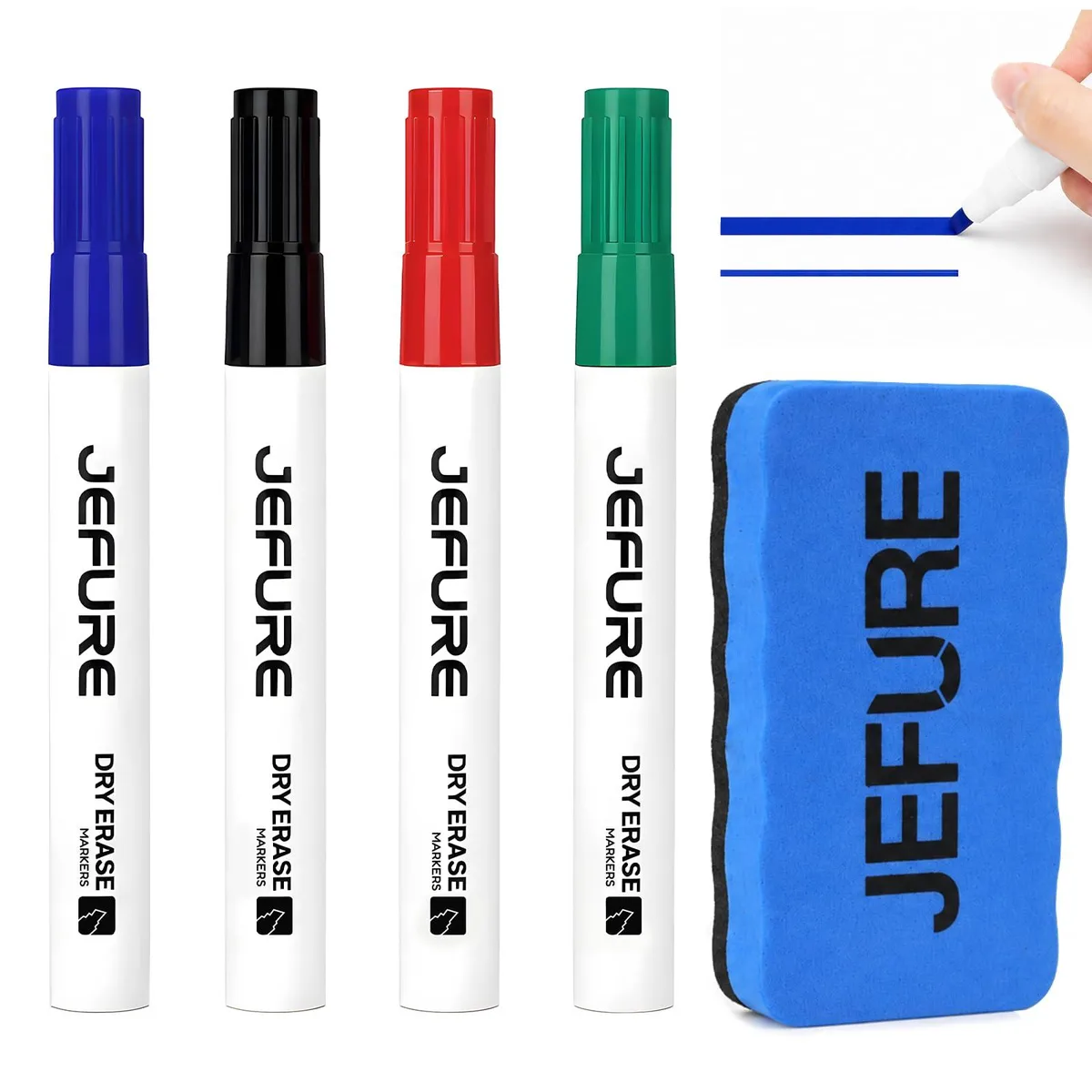 Four multicolour dry-erase markers with chisel tips and a magnetic eraser