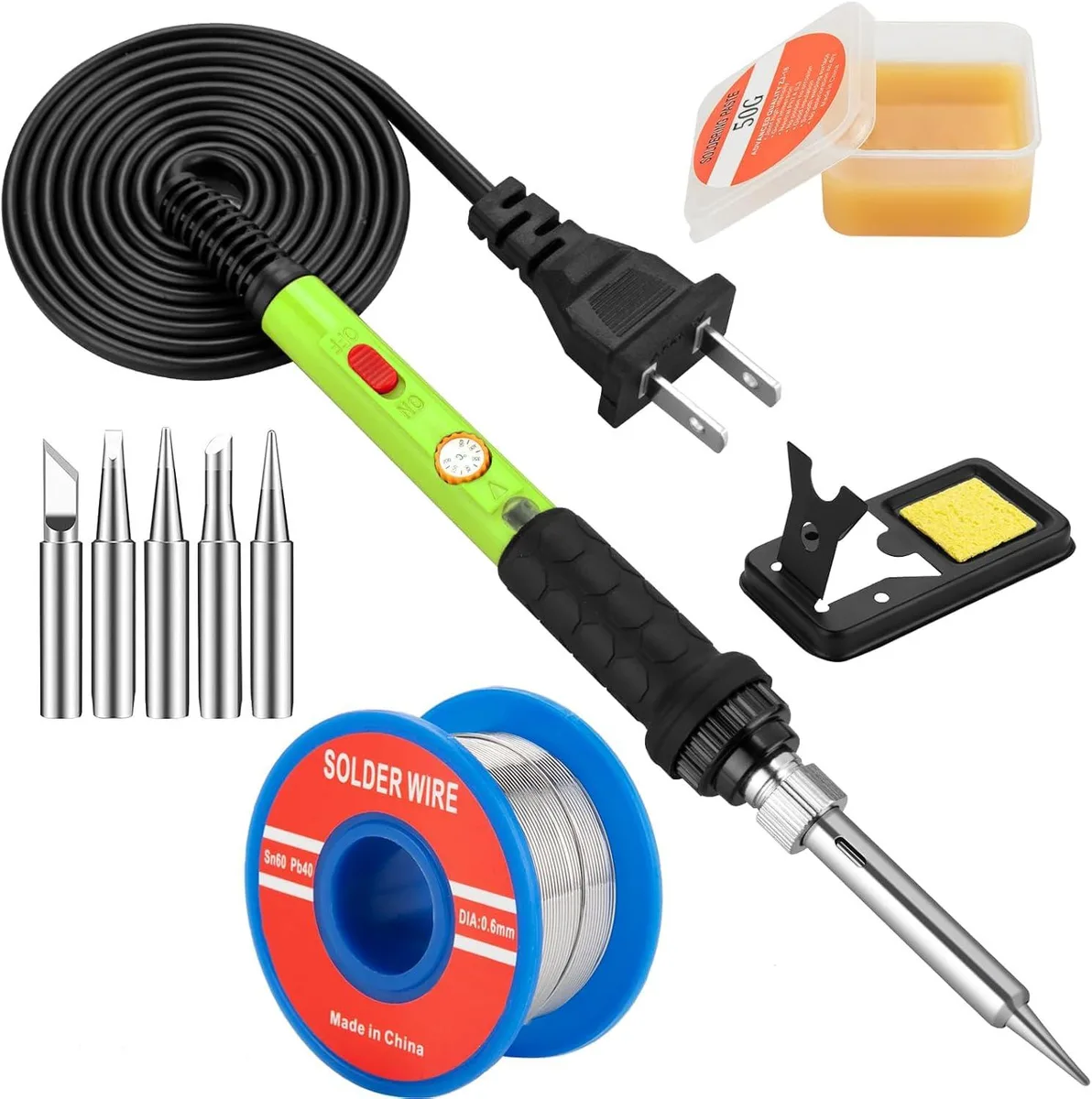 Green pencil-type 60W soldering iron with adjustable temperature, stand, five tips, solder wire and flux paste