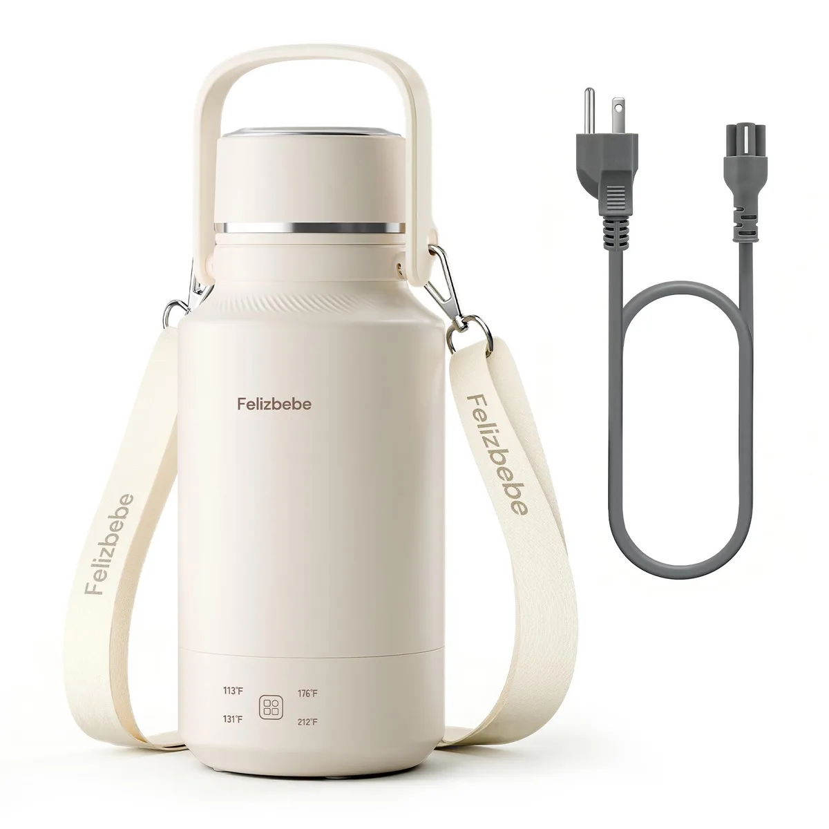 White portable electric kettle with handle and shoulder strap, stainless steel interior