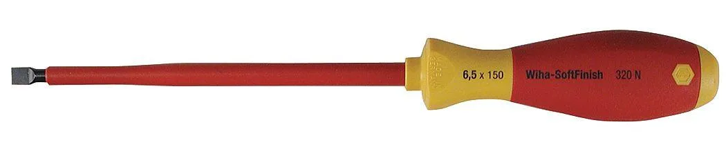 Yellow insulated slotted screwdriver with black tip and ergonomic handle