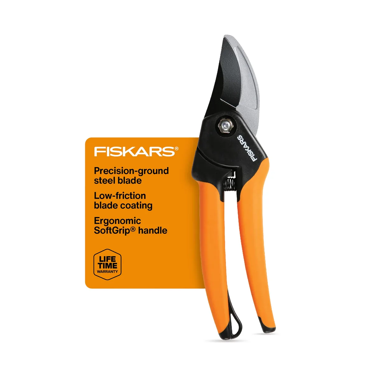 Orange-handled bypass pruning shears with curved steel blade and soft-grip coating