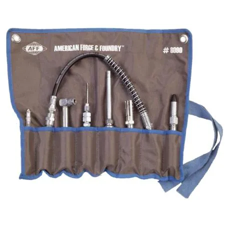 Grey lubrication adapter kit with cloth roll-up case