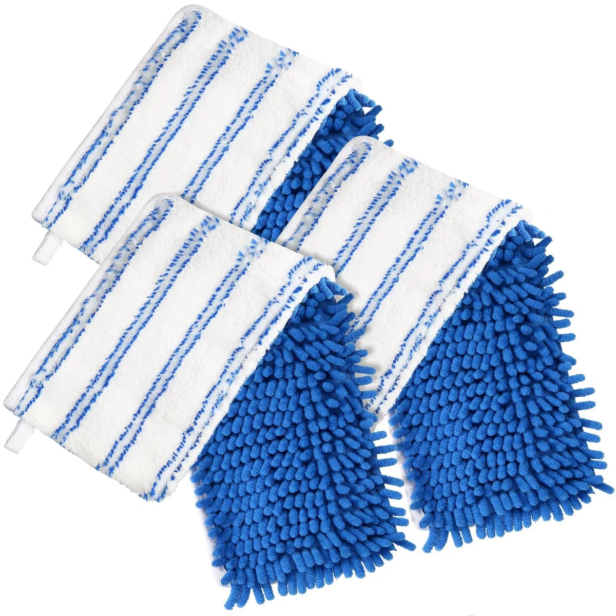 Three white dual-sided microfiber chenille mop refill pads with velcro backing