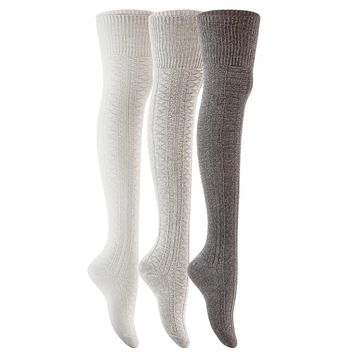 Lian LifeStyle Lian LifeStyle 3 Pairs Thigh High Cotton Socks L1025-03 Size 6-9 (Dark Grey, Grey, Cream White) — product photo