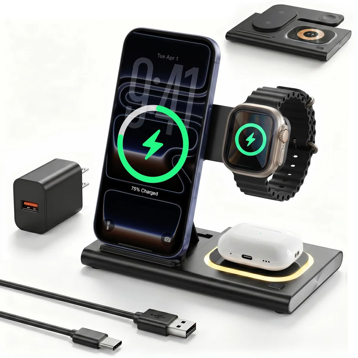 ViewSonic ViewSonic 3-in-1 Foldable Wireless Charger for iPhone 17/16/15/14/13/12/11, Apple Watch, AirPods — product photo
