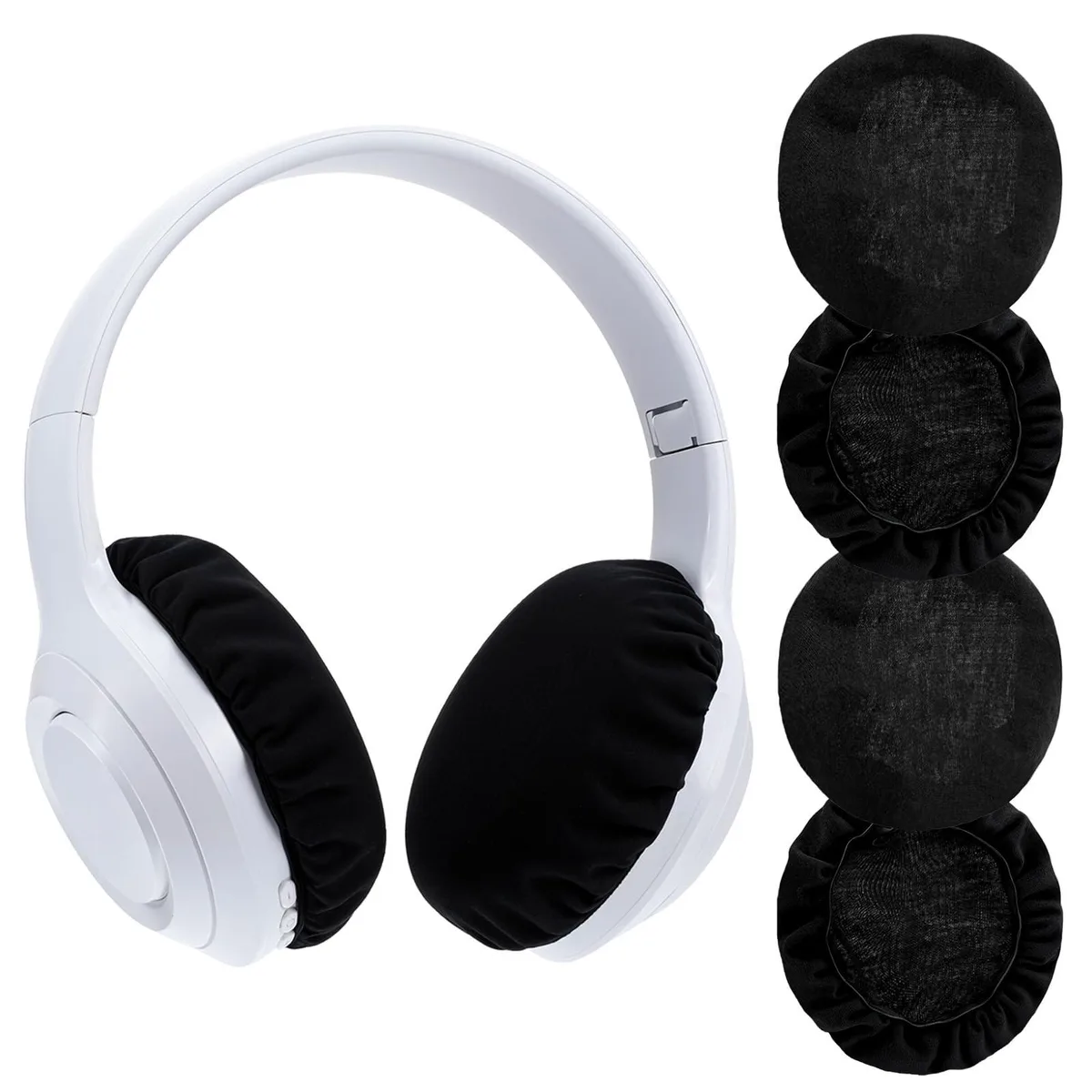 Four black fabric earphone covers with elastic edges, 9.5 cm diameter