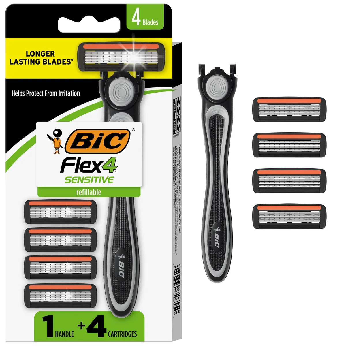 Black plastic razor handle with four-blade cartridge head and three spare cartridges in clear packaging