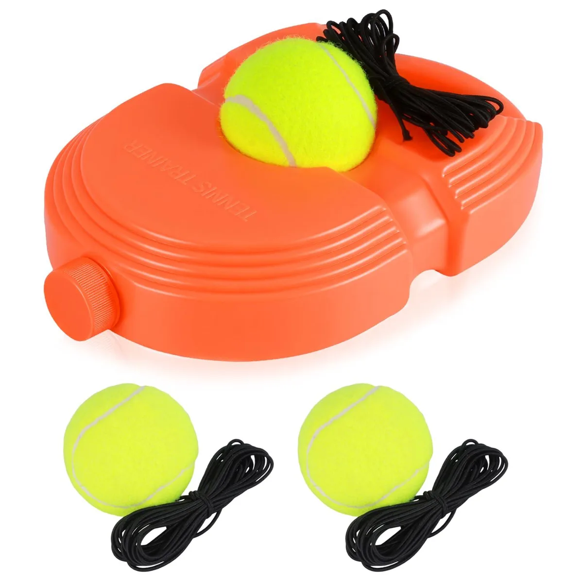 Yellow solo tennis trainer rebound kit with base and three balls on elastic strings