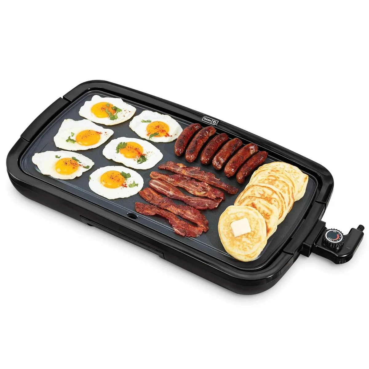 Black rectangular electric griddle with removable nonstick cooking plate and drip tray
