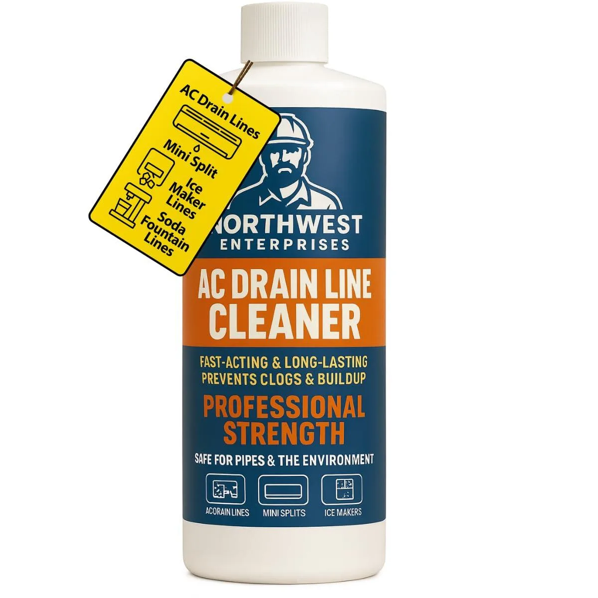 White plastic bottle with Metra label, 8 ounces AC drain line cleaner