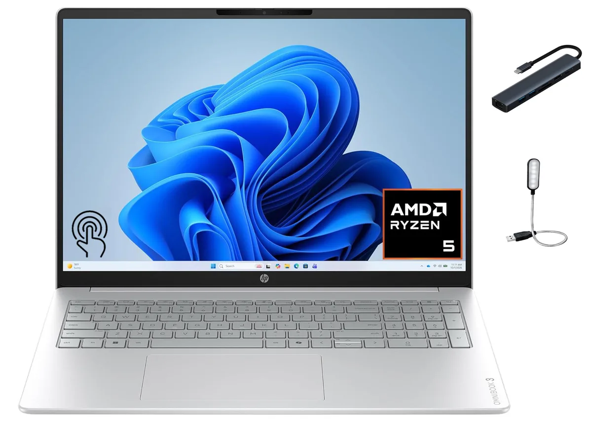 HP HP OmniBook 3 laptop AMD Ryzen 5 40 8GB 256GB 16" 2K touchscreen Glacier Silver with Mazepoly Accessories — product photo
