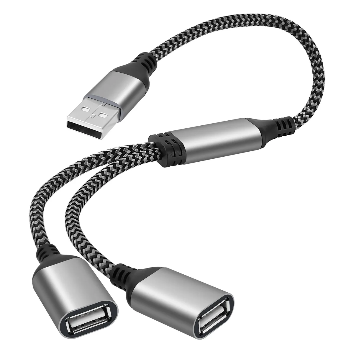 Black Y-splitter cable with USB-A male plug and two female ports, nylon braided jacket