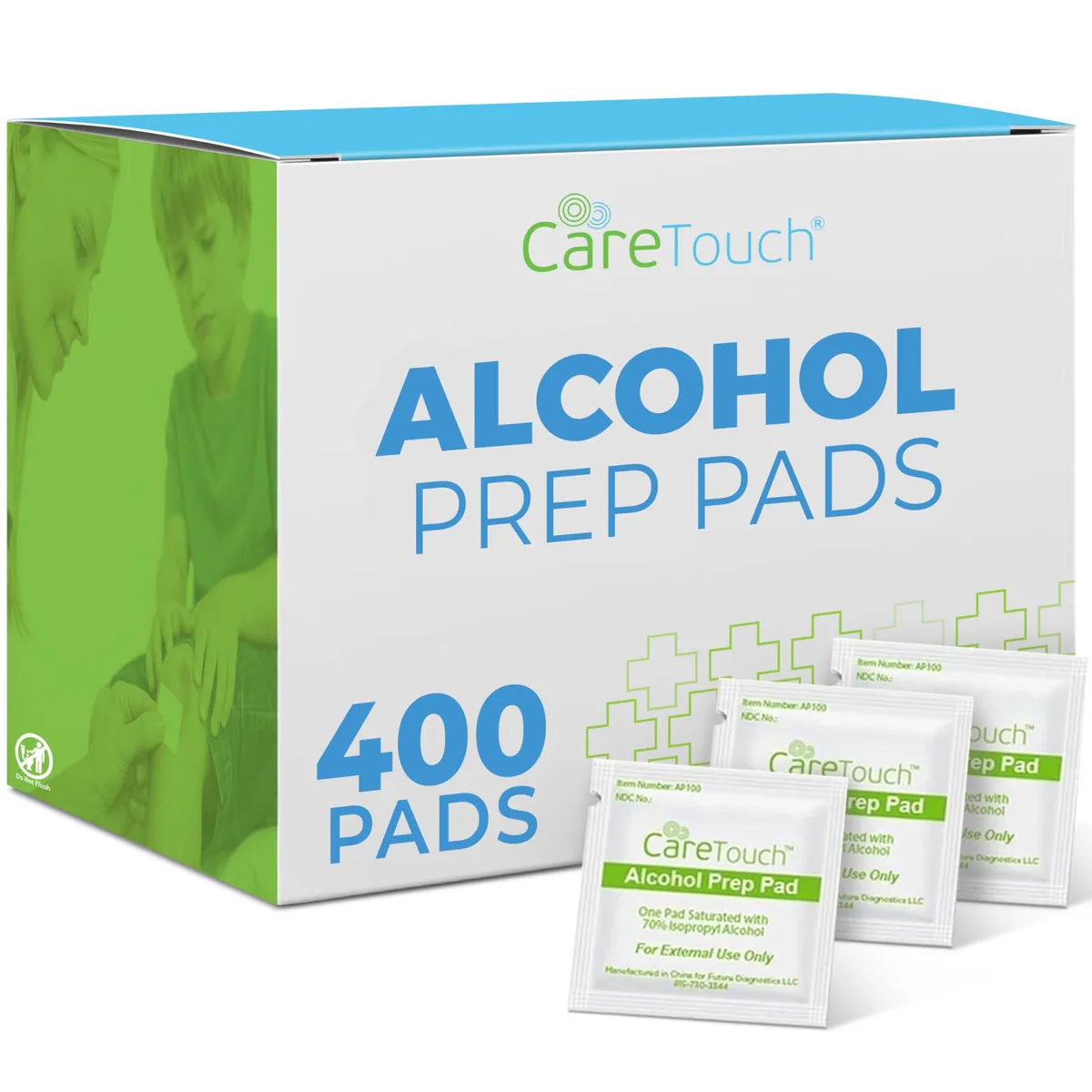 White cardboard box containing 400 individually wrapped sterile alcohol prep pads