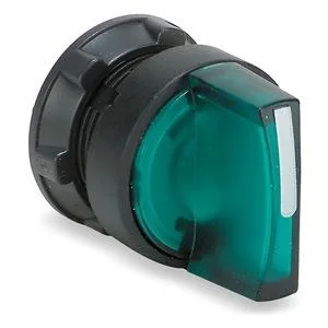 Green illuminated selector switch, short black plastic lever, 22 mm round body