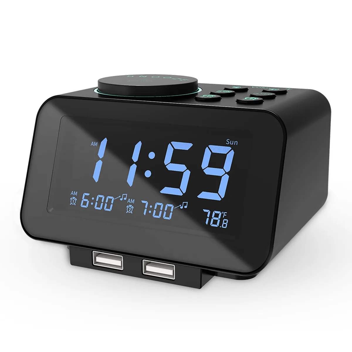 Black rectangular digital desk clock with dimmable LCD display, dual USB ports and FM radio