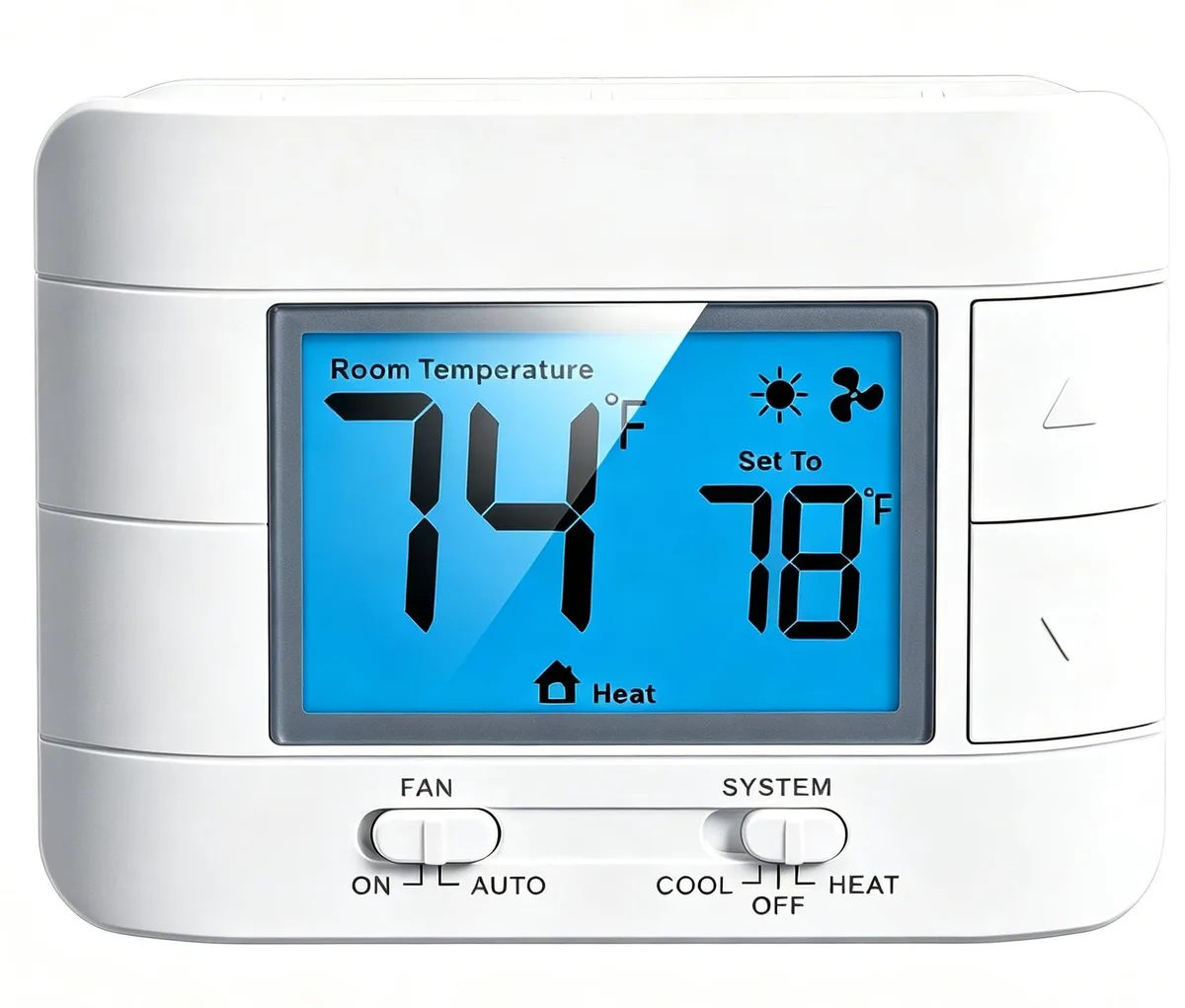 Twelve white rectangular thermostats with blue-backlit LCD screens and push buttons, wall-mount style