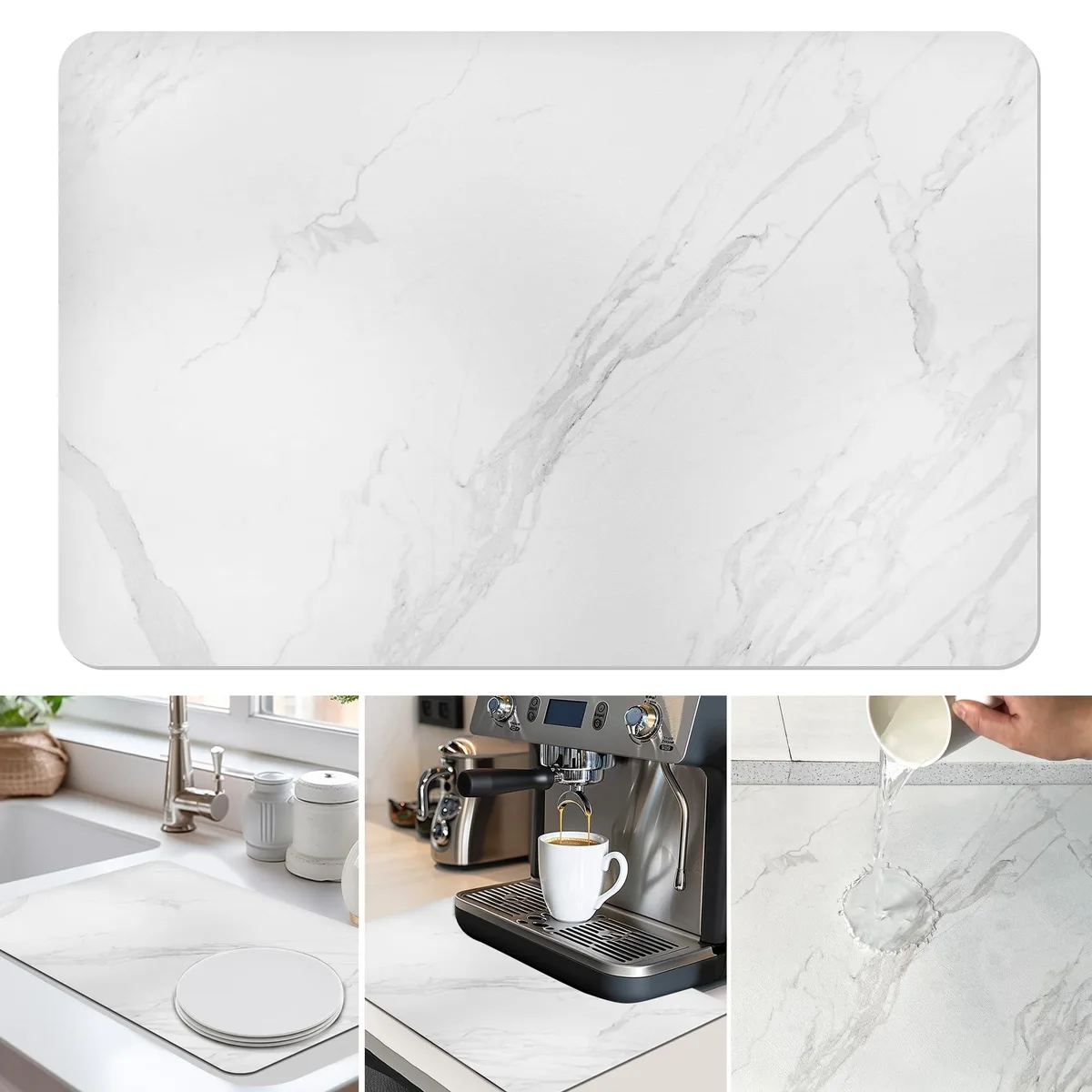 White marble dish drying mat with rubber backing, 22.83 by 14.96 inches