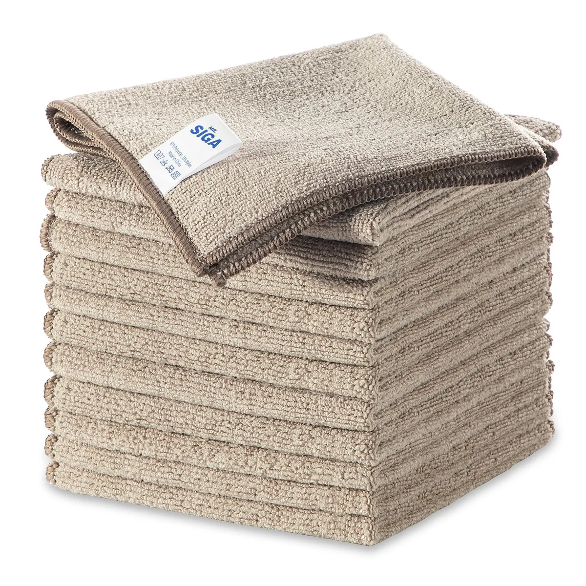 Twelve wheat microfiber cloths stacked, each 32 by 32 cm, soft lint-free finish