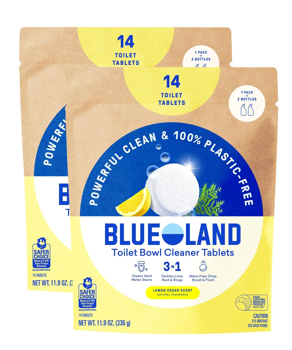 White bottle with blue label holding 28 lemon cedar toilet tablets