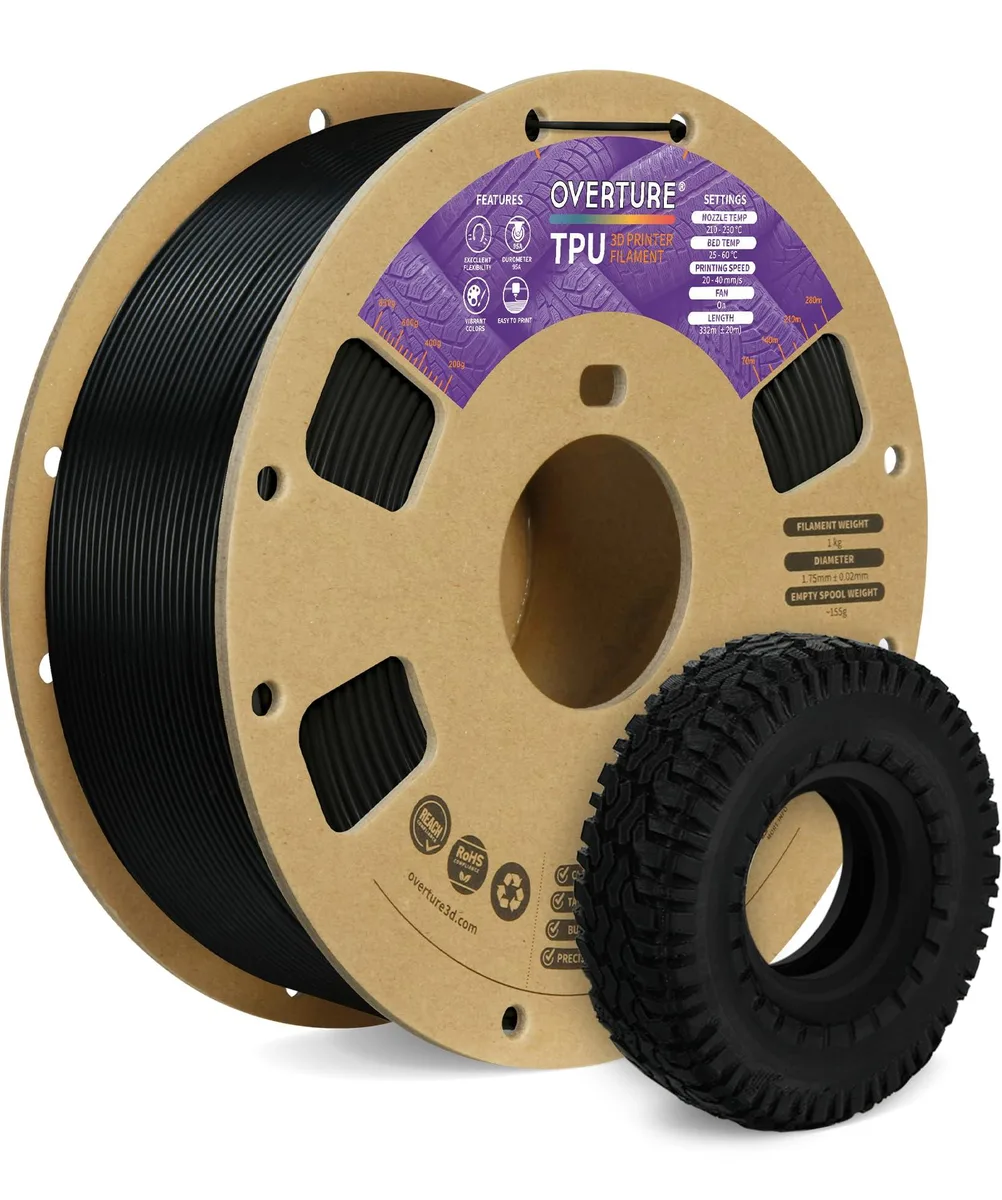 Black TPU filament spool, 1.75mm diameter, 1kg weight, matte finish on cardboard spool