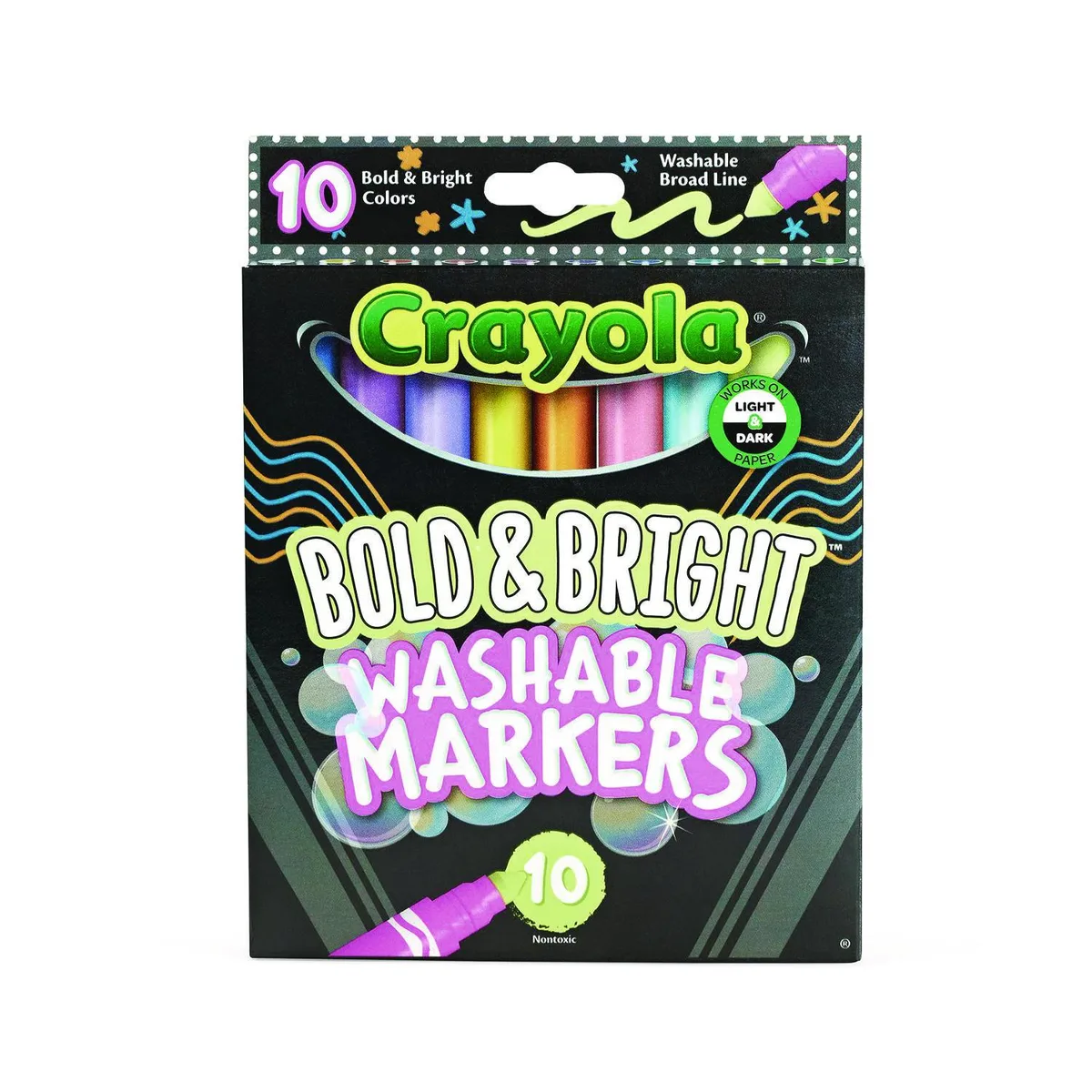 Box of ten broad-tip washable markers in assorted colours