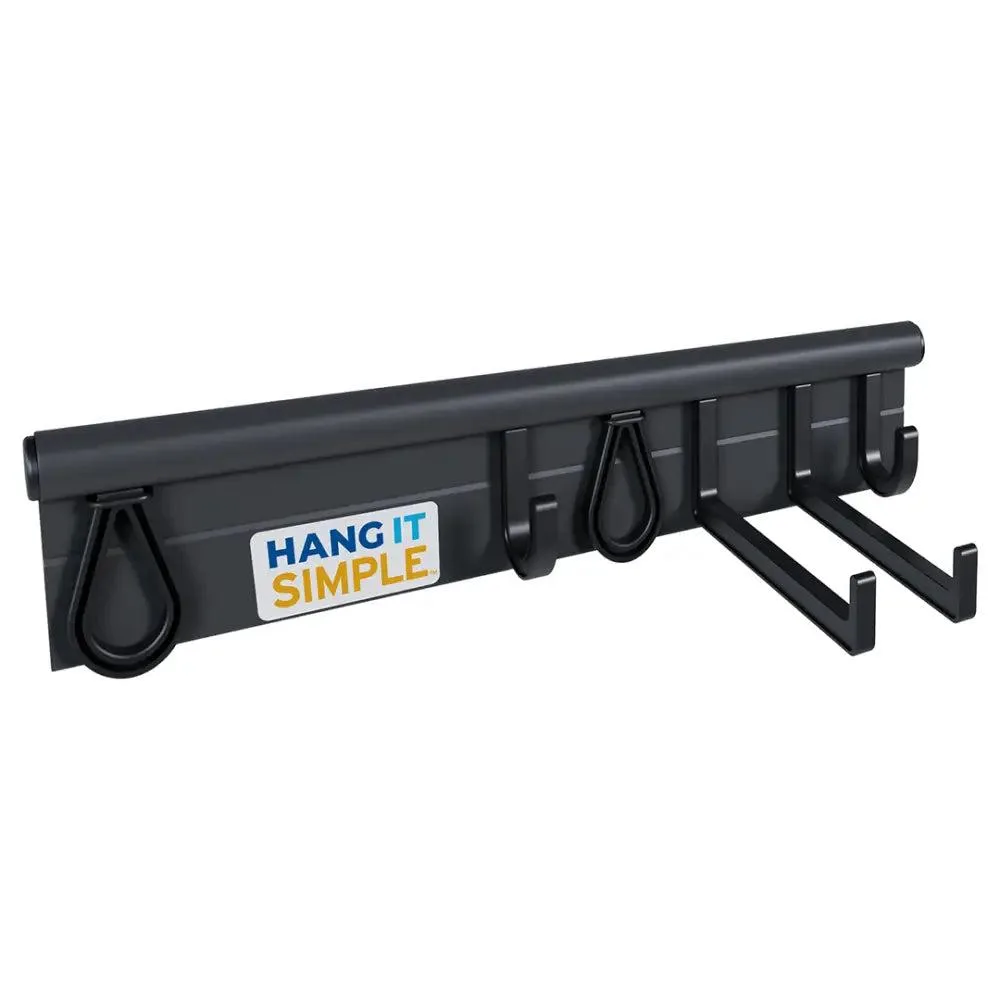 Black 18-inch modular wall rail with sliding hooks and rubber loops