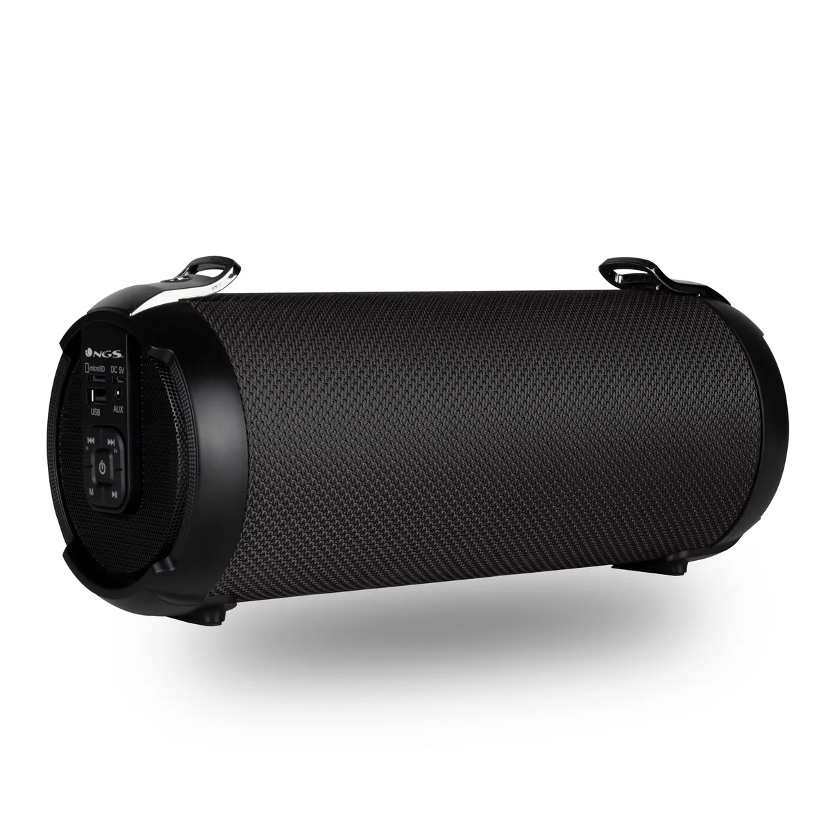 Cylindrical black cloth speaker with chrome accents and removable shoulder strap