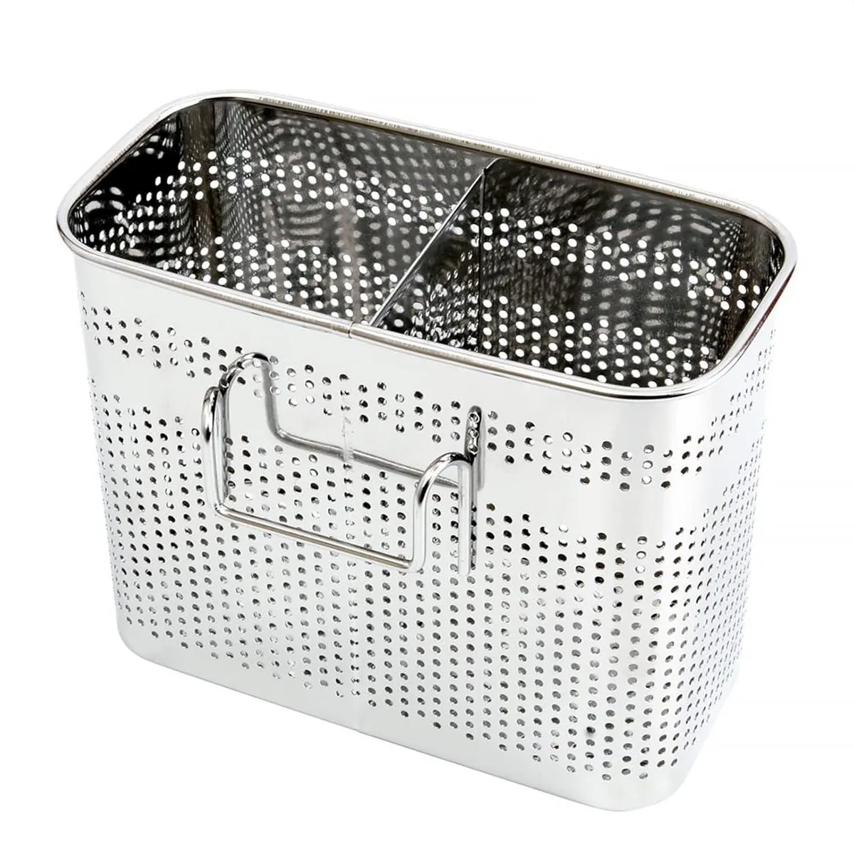 Stainless steel utensil basket with two compartments and back hooks, 5.4 by 4.3 by 2.6 inches