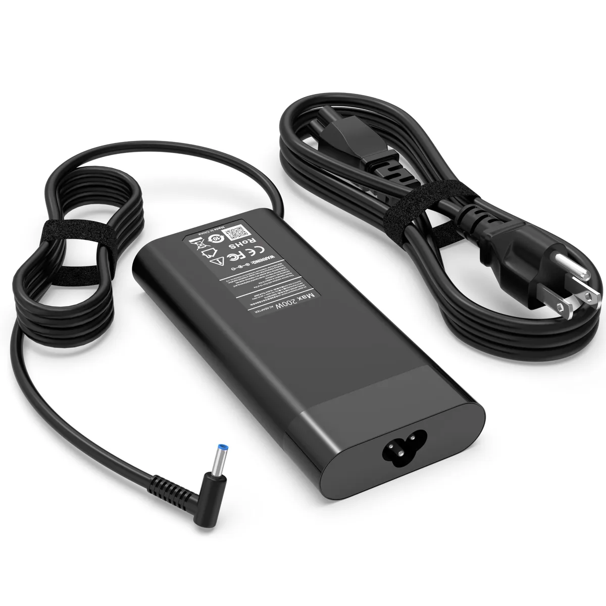 Black rectangular 200W AC adapter with 4.5mm round tip and detachable power cord